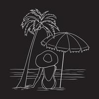 Lady relaxing on the beach with umbrella and coconut tree black and white vector illustration on black background