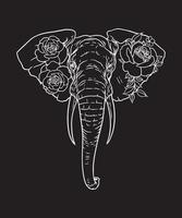 black and white vector illustration of a floral elephant head on black background
