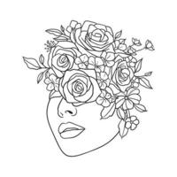 Beautiful woman face with flowers black and white illustration on white background vector