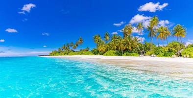 Panoramic Maldives island beach. Tropical landscape summer panorama, white sand with palm trees sea. Luxury travel vacation destination. Exotic beach landscape. Amazing nature, relax, freedom nature photo