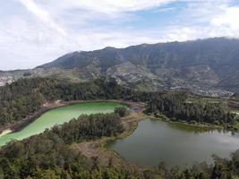 Aerial view of Telaga Warna lake in Dieng Wonosobo, Indonesia photo