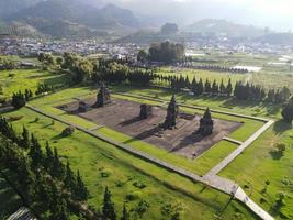 Aerial view of arjuna temple complex at Dieng Plateau, Indonesia.