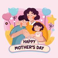 feliz celebración del día mundial de la madre con madre abrazando a sus hijos vector