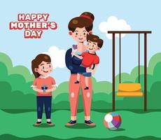 Happy Mother with Her Children at Park vector