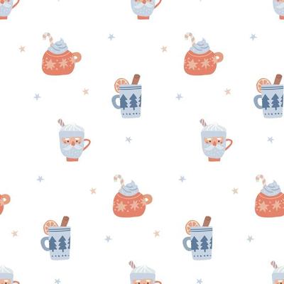 Cute hot cups with Santa claus, candy cane, xmas tree, stars seamless pattern. Hand drawn festive vector mugs illustration on white background .Christmas greeting backdrop.