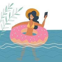 Young woman swimming on inflatable ring makes selfie photo on smartphone. Young girl taking self-photo as keepsake. Swimming in the sea, summer trip, selfie concept cartoon vector flat illustration