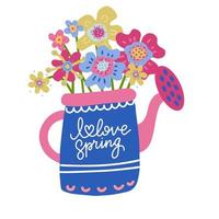 Collection of Colorful abstract Flowers in Watering Can Isolated On The White Background. Flat scandinavian hand drawn Style. Vector Illustration with hand lettering I love spring