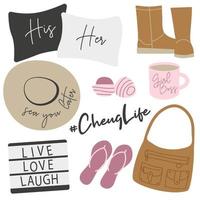 Set of cheugy stuff. Cheuglife elements. New trendy teens millennial quotes. New English words. Old-fashioned and untrendy stuff. vector