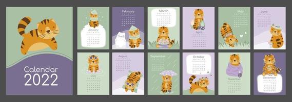 Vector vertical calendar 2022 with symbol of the year tiger. Cute funny character little tiger. Week stars in Sunday. Template with cover in size A4 A3 A2 A5. In green and violet colors