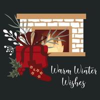 Winter happy holidays. Gift box and socks near fireplace.  Cozy Hygge vector collection in red and green colors. Greeting postcards. Premade Compositions.