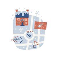 Christmas concept with a map of the winter town. Landscape with house, berry and branches. Round shape with streets and roads. Isolated Vector flat element. . Only 5 colors - Easy to recolor.