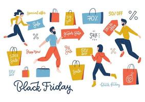 Black Friday Sale Lettering Text with Group Of People Holding Different shopping paper bags. Horizontal Web Banner Flat Vector Illustration. Arrows and signs with ad quotes.