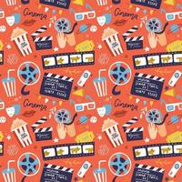 Flat cinema seamless pattern design with film reel, clapper, popcorn, 3D glasses. Cartoon flat Vector Illustration for print, fabric and web-design.