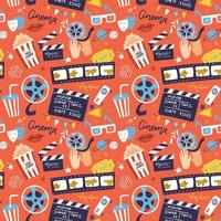 Flat cinema seamless pattern design with film reel, clapper, popcorn, 3D glasses. Cartoon flat Vector Illustration for print, fabric and web-design.