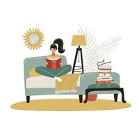 Young Woman reading book in bed. Relaxed girl comfortable sitting on bed with blanket and read. Scandinavian bedroom. Cozy modern home interior. Concept of homeward comfort. Flat vector illustration