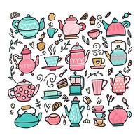 Doodle style teapot and tea cups collection. Scandinavian cozy simple hygge linear style with color. Hand drawn pot, kettle, teakettle, cup, tea, coffee, warm drinks set. Flat vector illustration.