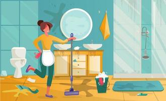Yound Woman cleaning dirty bathroom. Housewife mopping floor or washing with detergent in bucket. Cartoon toilet or bath room furniture with shower, sink or mirror and shelf. Flat vector illustration