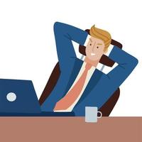 Gloating businessman sitting in office chair at desk with laptop. The character has conceived something unkind and rejoices. Isolated concept. Flat vector illustration.