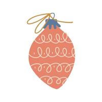 One Christmas tree toy with linnear ornament and a string. Hand drawn flat Christmas attributes, Isolated clipart element. Vector flat Illustration. Only 5 colors - Easy to recolor.