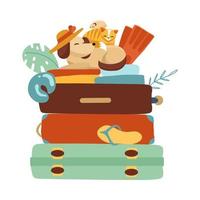 Stack of Suitcases on a white isolated background. Vacation and travel concept. Cat, dog and hamster gathered on a trip. Vector flat illustration in cartoon style.