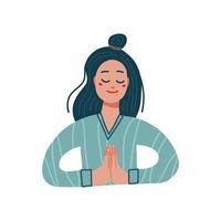 chica en una pose de namaste. ilustración plana vectorial sobre un fondo blanco. mujer joven dando gracias. gracias concepto. vector