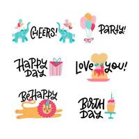 juego de pegatinas de saludo para niños, etiquetas de fiesta de cumpleaños. inscripciones coloridas para las vacaciones con ilustraciones planas. elementos para la decoración con letras. vector