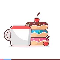 ilustración de donuts apilados con cerezas y vasos a un lado vector