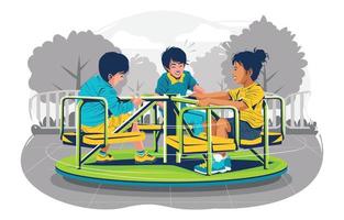niños divirtiéndose en la rotonda en el concepto de parque infantil
