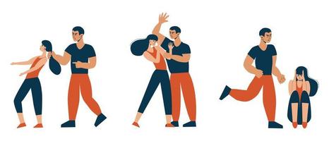 Set with moments of domestic violence. Social issues, abuse, agression on women, harassment and bullying. Violence against woman. Man hitting his wife. Flat illustration, isolated on white. vector