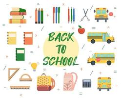 vector de regreso a la escuela en estilo plano, con bolígrafo, lápiz, libros, mochila, manzana, tijeras, calculadora, autobús escolar. solado en un blanco