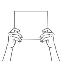 Two hands holding a blank paper sheet. Hand drawn linear Vector illustration of a hands showing blank poster.