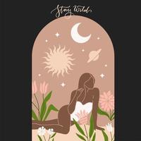 Modern minimalist mystical astrology aesthetic sitting woman under starry sky. Beautiful bohemian print with plants and flowers. Contemporary artistic banner. Hand drawn boho flat vector illustration.