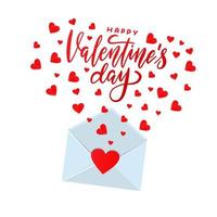 Valentine card template - opened envelope with cut hearts flying out. Flat Vector illustration with hand lettering