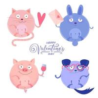 Set of Cute round cat, pig, rabbit and dog with little heart, letter, wine glass, glasses for Valentine s day .Isolated on white. Flat textured cartoon style. Draw vector illustration collection