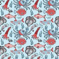 sea food seamless patern with hand drawn doodle illusration in scandinavian style. Print isolated in vlue background. Many marine inhabitants - fishes, octopus, crab, squid vector