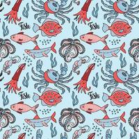 sea food seamless patern with hand drawn doodle illusration in scandinavian style. Print isolated in vlue background. Many marine inhabitants - fishes, octopus, crab, squid vector