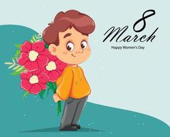 Happy Women's day. Cheerful boy with a bouquet vector