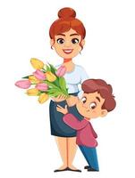 feliz día de la mujer. niño dando flores a su mamá vector