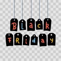 letras de viernes negro en etiquetas colgadas en fila con palabras coloridas sobre fondo transparente. decoraciones vectoriales temáticas festivas para sitios, tiendas, aplicaciones móviles en el gran día anual de ventas. palabra de letras vector