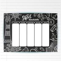 School timetable template on chalk board with hand written chalk text and Adventure sea symbols. Weekly lessons shedule in sketchy style decorated with hand drawn school doodles on blackbord. vector