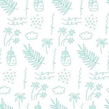 Seamless pattern with sea vacation elements. Cocktail , island with palm trees, waves and clouds. Abstract packaging, design and printing. Vector linear illustration.