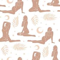 Seamless pattern with female characters body silhouettes ,mystic occult moon eclipse wit palm leaves. Flat art celestial background isolated on white background. Vector hand drawn illustration.