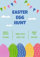 Easter egg hunt banner. Colorful decorated easter eggs and flags vector