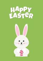 Happy Easter greeting card template with cute easter bunny. Rabbit looks out of the hole and holds easter egg. Template for greeting card, invitation, poster and easter design vector