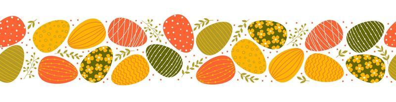 Seamless border with easter decorated eggs and leaves. Flat style.