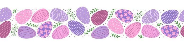 Seamless border with easter decorated eggs and leaves. Flat style eggs in pink and purple colors. vector