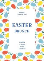 plantilla de invitación de brunch de Pascua con colorido patrón de huevos de Pascua decorados. plantilla para póster, tarjeta de felicitación, invitación o postal.