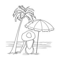 dama relajándose en la playa con sombrilla y cocotero ilustración vectorial en blanco y negro sobre fondo blanco vector