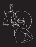mujer afro justicia ilustración en blanco y negro sobre fondo negro vector