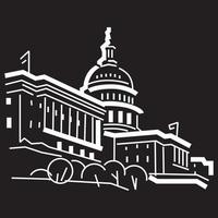 Simple capitol building in a black and white vector line art drawing on black background